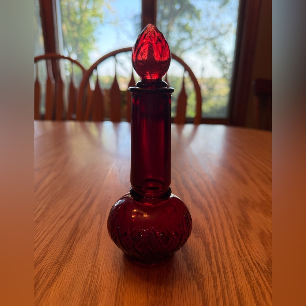 Avon Deep Red Glass Perfume Bottle with Faceted Stopper